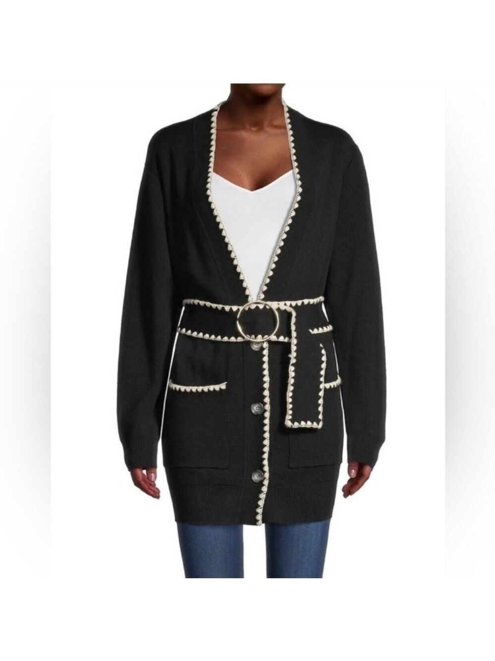 Rebecca Taylor Belted Wool Blend Stitched Cardigan